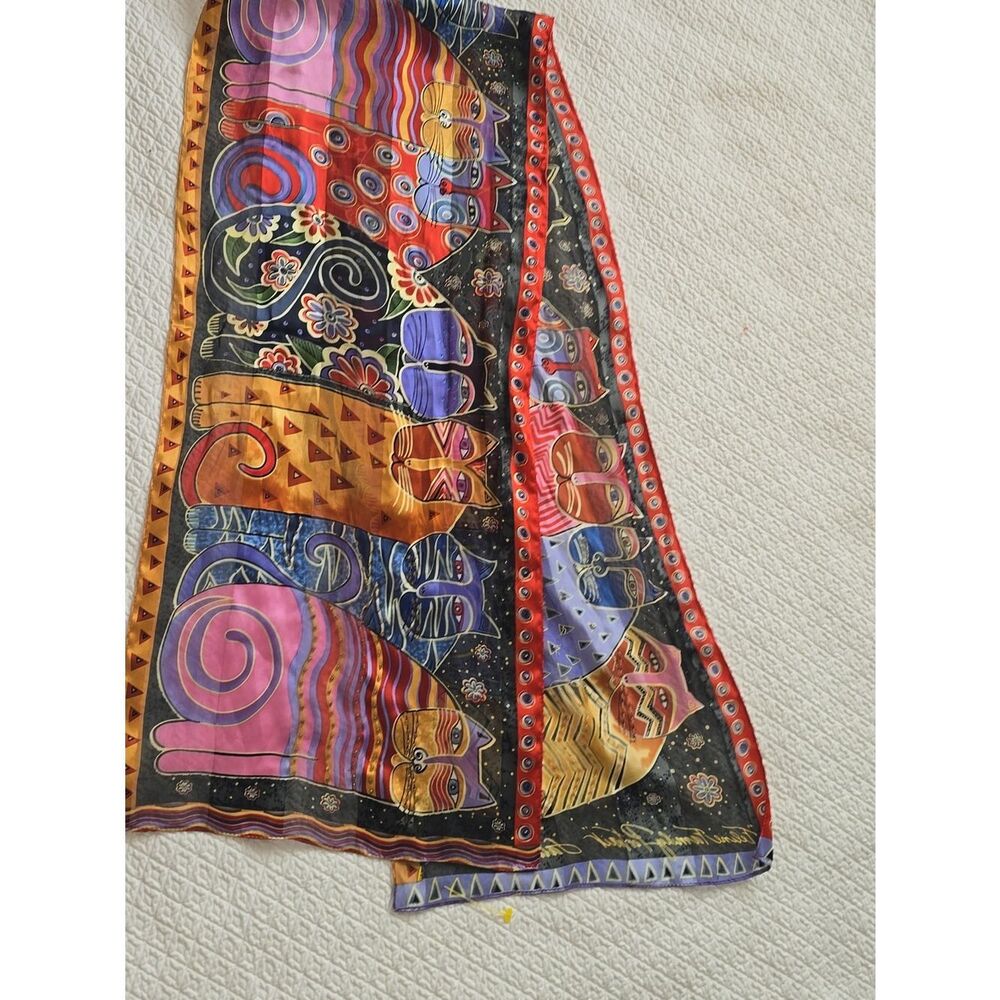 Laurel Burch Colorful Abstract Cat Print Silk Scarf